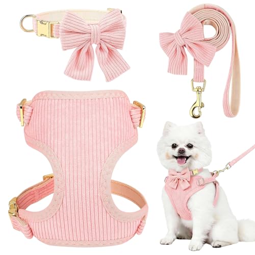 Small Dog Collar Harness and Leash Set, Dog Harness no Pull with Bowtie, Breathable Cotton Adjustable Pet Puppy Harness, E...