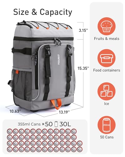 TOURIT 50-Can Rolling Backpack, Double Deck & Dual-Bar Handle Travel Soft Cooler Bag with Wheels, 30L Space Beach Cooler S...