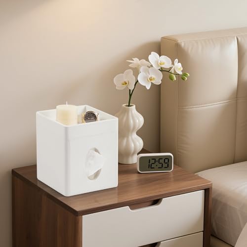 Cretkhp Tissue Box Cover, PU Leather Square Tissue Box Holder with Storage Tray for Bathroom Vanity Countertop Night Stand...