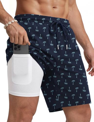 COOFANDY Mens Swim Trunks with Compression Liner Quick Dry 7 Inch Bathing Suit Beach Short with Zipper Pockets