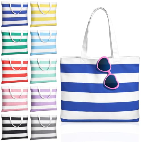 Aliceset 10 Pcs Large Beach Canvas Tote Bags Bulk for Women 18.5 x 15 Inch Waterproof Stripe Sandproof Tote Bags with Hand...