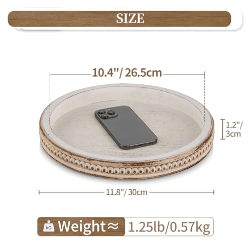 Hanobe Round Wooden Decorative Tray: White Washed Bead Tray Decor for Coffee Table Centerpiece Rustic Farmhouse Tray for K...