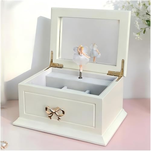 Liou PapaQ White Musical Jewelry Box with Ballerina for Girls and Women, Wooden Storage Organizer with Mirror,Swan Lake Tu...