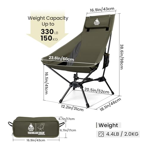 ONETIGRIS Tigerblade High Back Camping Chair with Pillow Design, Comfortable Widened Seat Folding Chair
