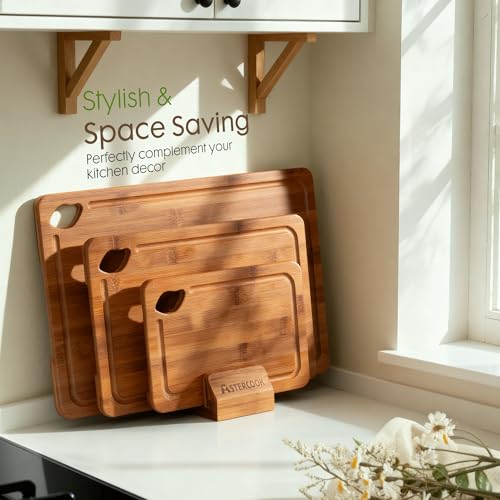 Astercook Deep-Carbonized Bamboo Cutting Boards for Kitchen with Wood Storage Stand, Reversible Charcuterie & Chopping Boa...