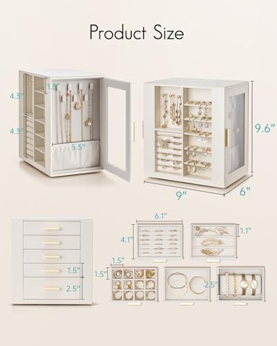 VLANDO 360ｰ Rotating Jewelry Box with 5 Drawers, Mothers Day Mom Gifts, Large Jewelry Storage with 2 Glass Window, PU Leat...