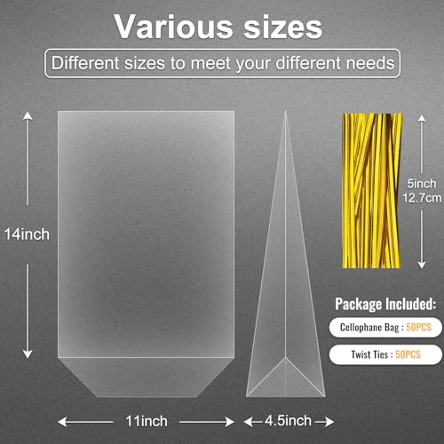 Voikinfo Bottom Gusset Bags 50Pcs 11X14 Clear Cellophane Bags Large Basket Wrapping Gift Wrap Cello Bags Treat Bags Party ...