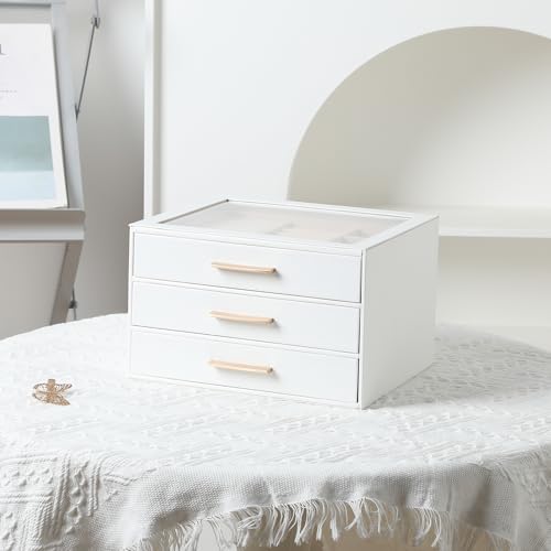 Frebeauty Clear Lid Jewelry Box,3-Layer Jewelry Organizer with Drawer,PU Leather Jewelry Organizers and Storage,Jewelry Bo...