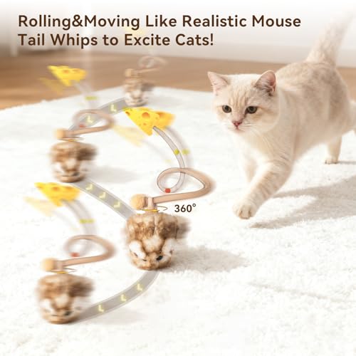 Migipaws Interactive MigiMouse Cat Toy 360° Rolling & Spin with Mesh Plastic Tail for Indoor Cats Smart Motion Sensor, Rea...