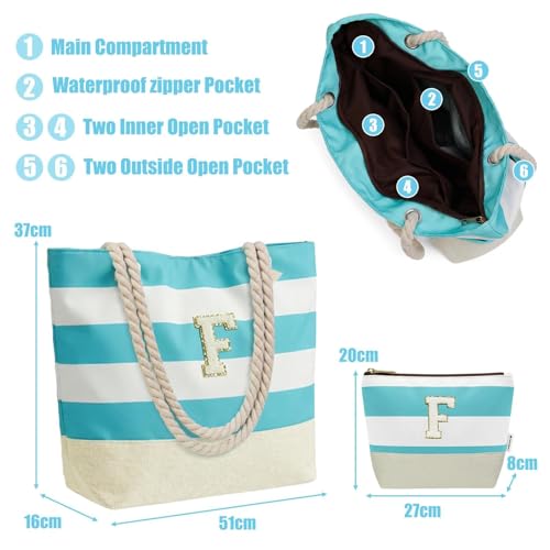 Vavabox Initial Beach Tote Bag for Women, Water-resistant Foldable Travel Beach Bag Set, Birthday Gifts for Women Mom