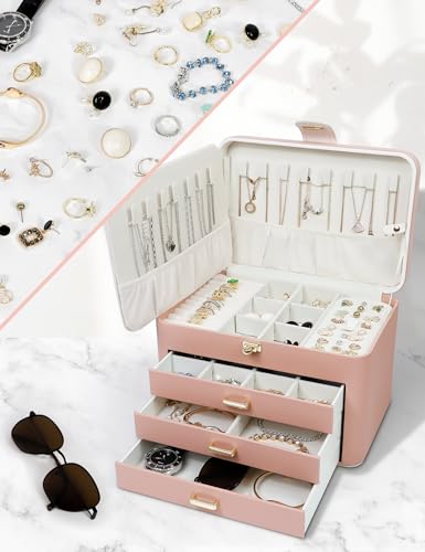 KAMIER Jewelry Organizer Box for Women - 4 Layer Drawer Jewellery Storage with Lock and Mirror - Jewelry Case for Necklace...