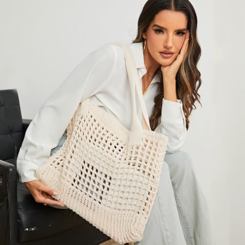 ENBEI Women's Beach Tote Bag, Crochet Knit Hollow Design, Stylish Tote for Beach,Travel and Everyday Use Aesthetic Handbag