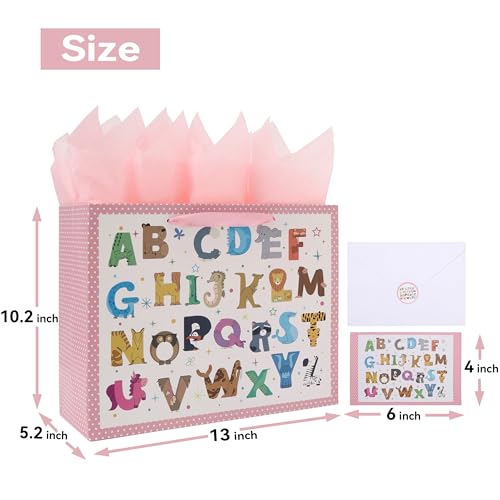 Qirrmiy 13'' Large Baby Girl Gift Bag Set with Handles, Greeting Card, Pink Tissue Papers and Stickers for Baby Girls Kids...