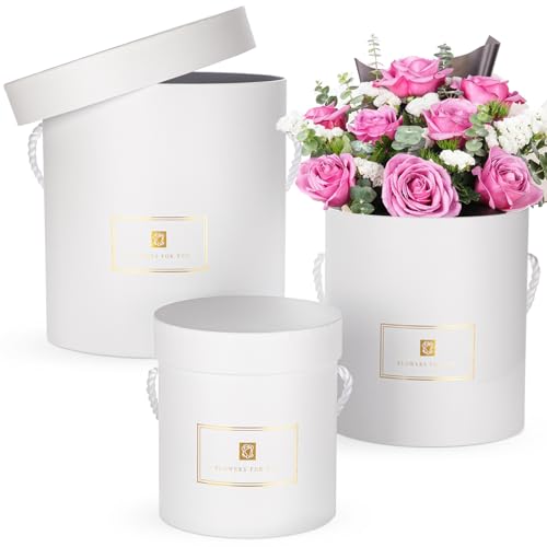 Hollyone White Gift Box with Lids Set of 3 Round Nesting Gift Boxes Cylinder for Presents 3 Assorted Sizes Flowers Arrange...