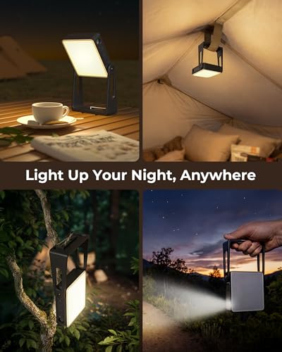 Portable Camping Light, 2 Pack Rechargeable 4000mAh Dimmable LED Camping Lanterns with 360° Rotatable Stand, 2-in-1 Flashl...