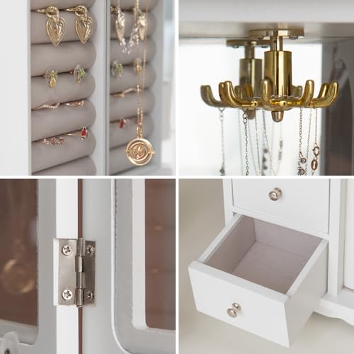 ZGZD White Jewelry Box for Girls Wooden Makeup and Accessories Organizer Ring Storage with 4 Drawers and Swing Door