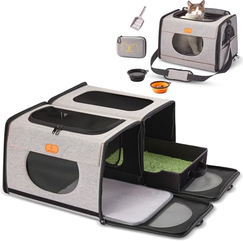 IC ICREATE.X Large Cat Carrier with Litter Box for Car Travel, Pet Carrier Bag 2-in-1，Double Cat Travel Transport Carrier ...