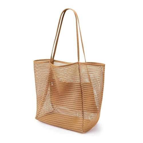 CWB&ADB Large Mesh Beach Tote Bag, Foldable Summer Handbag, Tan
