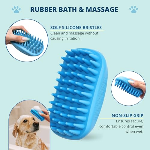 Double-Sided Pet Dog Cat Brush for Detangling Deshedding & Removing Small Mats plus Rubber Dog Bath Brush for Grooming, Sh...