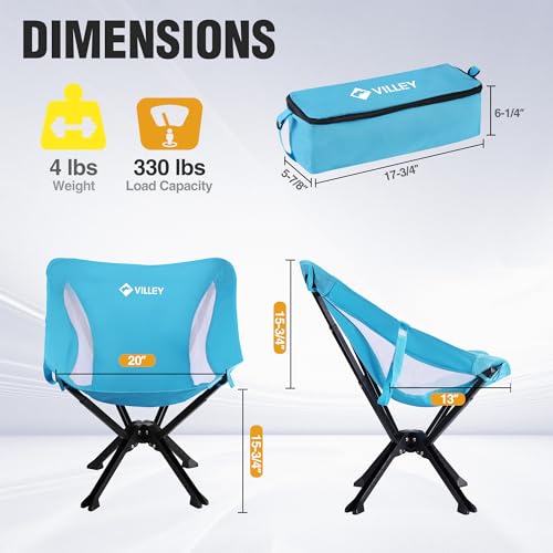 VILLEY Portable Folding Chair Lightweight Camping Chair No Assembly Needed, Quick Setup for Beach, Hiking, Supports 330 LB...