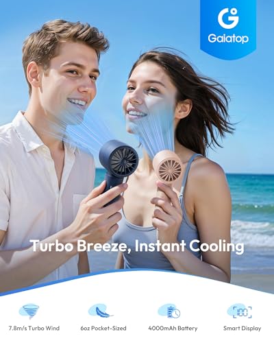 Gaiatop Small Handheld Personal Fan, Powerful High Speed Turbo Cooling, 4000mAh USB Rechargeable Battery Powered Mini Port...