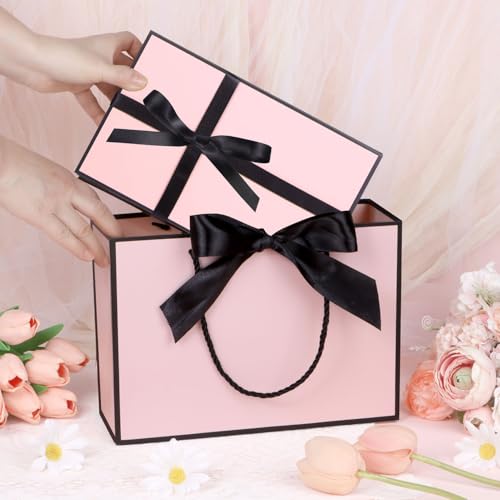 Magnetic Gift Box with Lids Ribbons and Gift Bag for Presents, 9.5x6x3" Pink Gift Box with Bag Set for Women Girl Her, Cut...