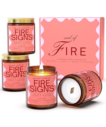 Aries, Leo, Sagittarius Gifts for Women - Wood Wick Candles, 4 Pack Small Scented Candles Set for Women. 6oz Natural Soy W...