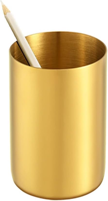 OPSJRNDUSK Gold Pen Holder for Desk, 3.9 Inch Stainless Steel Pencil Cup & Makeup Brush Organizer, Multi-Purpose Office an...