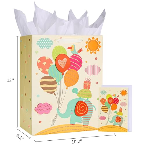 SUNCOLOR 13" Large Baby Gift Bag with Handles with Tissue Paper & Greeting Card – for Newborns, Baby Boys or Girls