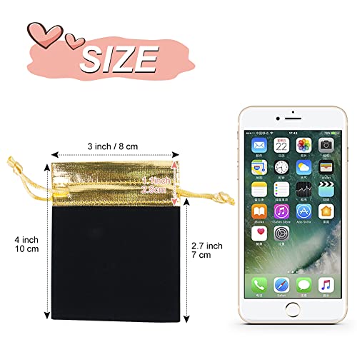 HRX Package Velvet Jewelry Bags 3x4 inch, 20pcs Black Gold Cloth Drawstring Pouches for Small Gift