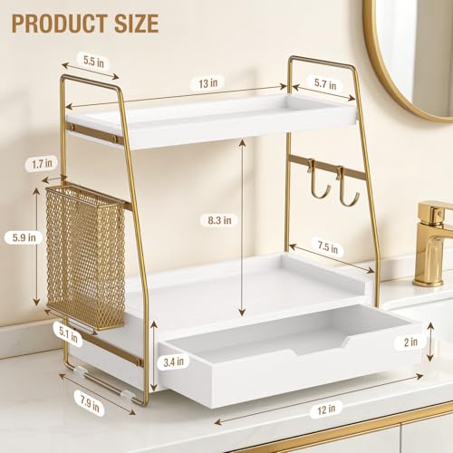 ROPALINS 2-Tier Bathroom Counter Organizer with Drawer & Removable Basket, Wood & Metal Vanity Organizer for Skincare, Mak...