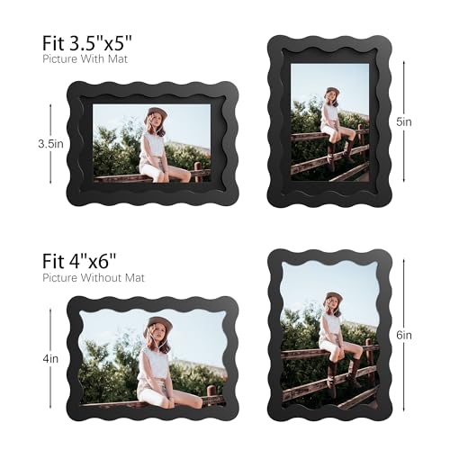 THKRLOF 4x6 Picture Frame with Mat for 3.5x5, Wavy Edge Wooden Real Glass Photo Frame for Tabletop and Wall Hanging, Blac...