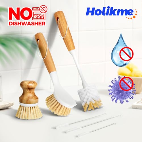 Holikme 6 Pack Dish Brush Scouring Pad Set with Bottle Brush, Dish Brush, Palm Scrub Brush and Straw Brush, Dish Scrubber ...