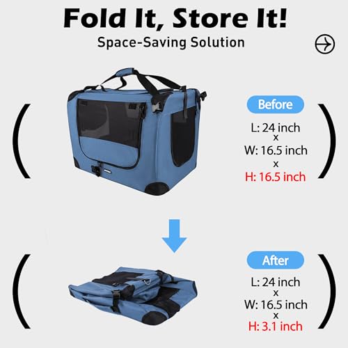 Prutapet Large Cat Carrier 24"x16.5"x16.5" Portable Dog Crate for Small Medium Dogs Collapsible Traveling Pet Crate with C...