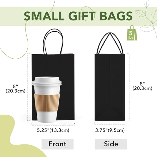 MESHA Black Gift Bags 5.25x3.75x8 Inch Small Kraft Paper Bags with Handles Bulk,100 Pack for Small Business,Wedding Party ...