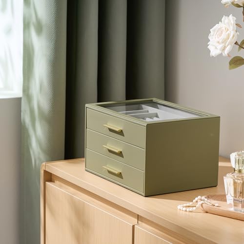Jewelry Box Organizer Case for Women: 3-Layer Jewelry Storage Case with Glass Window, Olive Green Leather with Cream Velve...