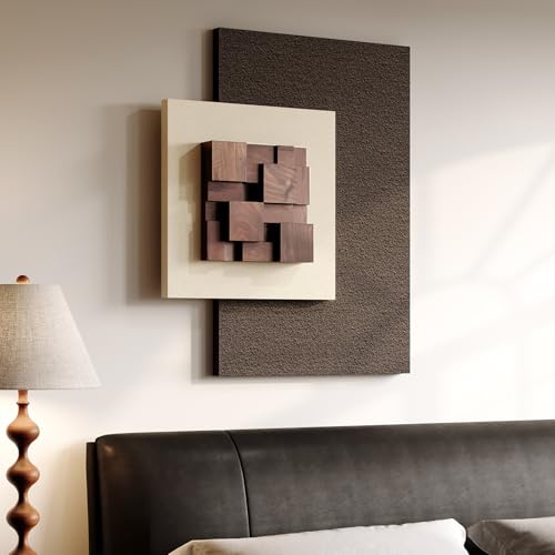 3D Wood Textured Large Neutral Abstract Wall Art, Modern Beige Brown Geometric Paintings Artwork for Walls-Minimalist Wood...