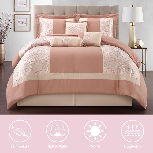 LANCO MODERN LIFESTYLE 7 Piece California King Comforter Set, Blush, Elegant Floral Jacquard, Stylish and Cozy Bedding Col...