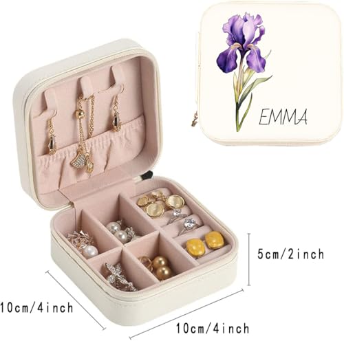 TAONE Travel Jewelry Box Personalized Birth Flower Jewelry Case Custom Name Birthday Flowers Earrings Box Necklaces Bracel...