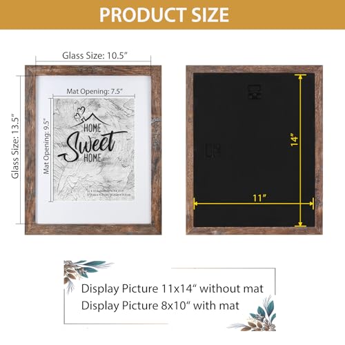 Califortree Rustic Brown 11x14 Picture Frame - Display Photos 8x10 with Mat or 11x14 Without Mat - Real Glass Inside - Set...