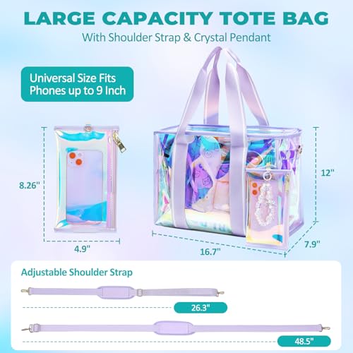 Sisipoet Large Beach Tote Bags for Women, 26L Iridescent Clear Tote Bag, Waterproof Tip-Proof Tote Bag for Beach, Gym