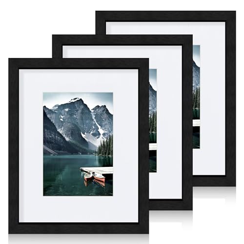 Hongkee 8x10 Black Picture Frames set of 3, Made of Wooden and Glass Photo frame - Displays Picture 5x7 with Mat or 8 x 10...