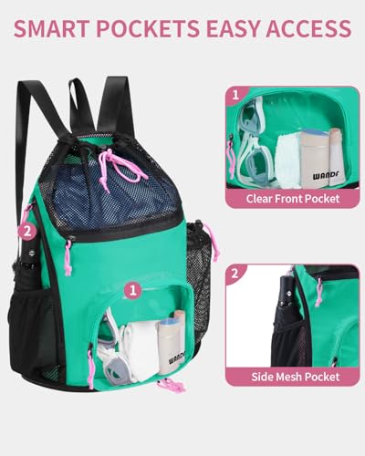 WANDF Swim Bag with Wet Pockets, Sandproof Beach Backpack with 40oz Tumbler Side Pockets, Mesh Drawstring Backpack Swim Ba...