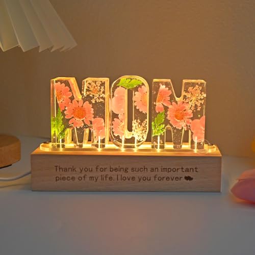Britrio Gift for Mom Dry Flower Night Light Lamp for Mother's Day Gift from Son Daughter Dried Pressed Flower Letter Led L...