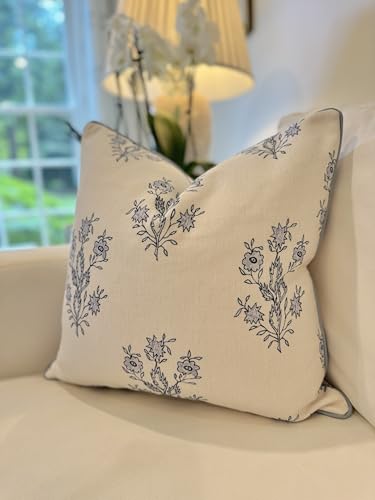 Jillien Harbor “The Mary” Blue and White Decorative Throw Pillow Cover – Floral Block Print Pillow Cover – Grandmillennial...
