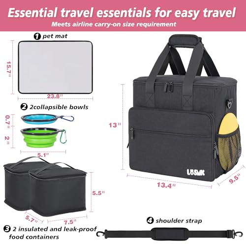 LASUK Dog Travel Bag, Large Pet Travel Set with Multi-Function Pockets, 2 Food Storage Containers, 2 Collapsible Bowls, 1 ...