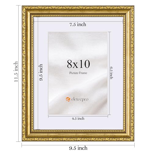 eletecpro 8x10 Picture Frames Set of 4, Gold Frames 8 x 10 with Glass Cover, Vintage Photo Frame Displays 5x7 Photo with M...