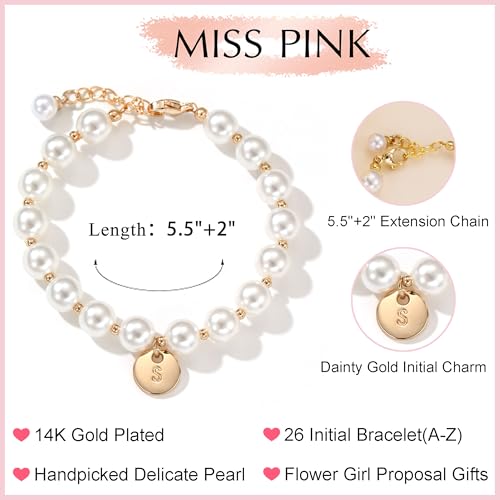 Miss Pink Initial Pearl Bracelet Flower Girl Bracelet Proposal Gifts for Girls, Dainty Gold Pearl Bracelets with Letter A-...