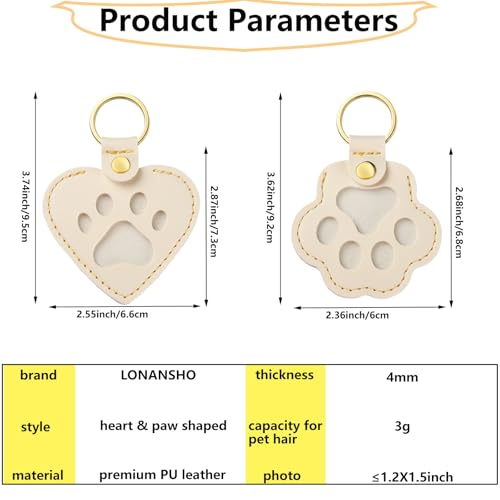 LONANSHO Pet Hair Keychain Keepsake: 2 Heart & 2 Paw Shaped Leather Keychains - Memorial Gift for Dog Cat Owners