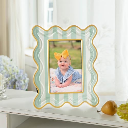 Synovana Wavy Striped 4x6 Picture Frame – Green and Cream with Frosted Finish, Tabletop Photo Display – Joyful Decorative ...